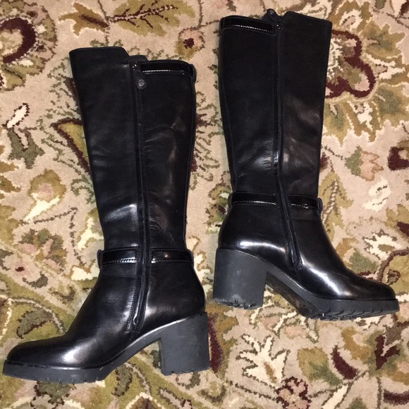 GEOX BLACK LEATHER CHUNKY HEEL KNEE HI BOOTS EUC - Picture 4 of 8
